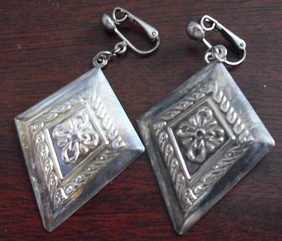 Large Silver Diamond Shape Clip On Earrings