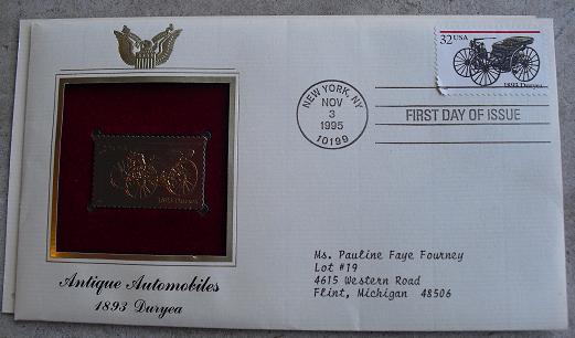 1893 Duryea Car 22KT Gold Commemorative Stamp FDC