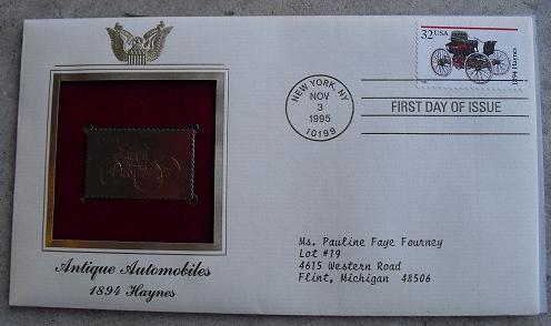 1894 Haynes Car 22 KT Gold Commemorative Stamp FDC