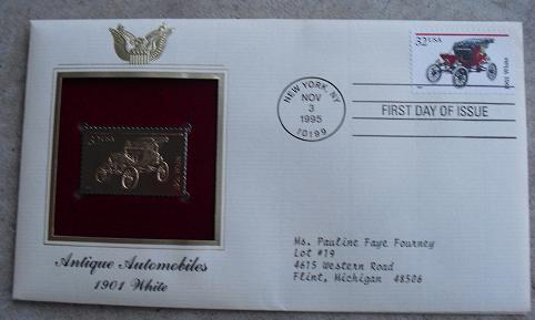 1901 White Car 22 KT Gold Commemorative Stamp FDC
