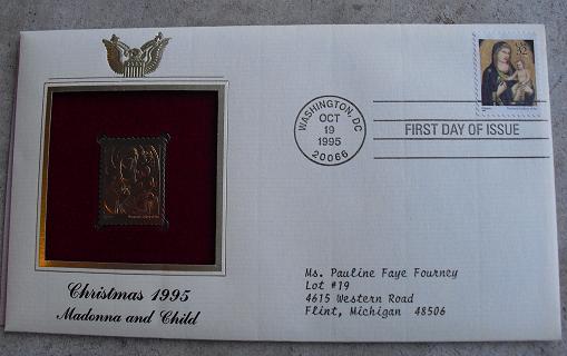 Christmas 1995 22 KT Gold Replica Commemorative Stamp FDC