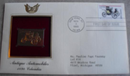 1898 Columbia Car 22 KT Gold Replica Commemorative Stamp FDC