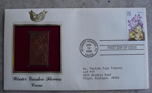 Winter Flower Crocus 22 KT Gold Commemorative Stamp FDC