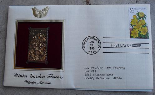 Winter Garden Flowers 22 KT Gold Replica Commemorative Stamp FDC