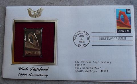 Utah Statehood 22 KT Gold Commemorative Stamp FDC