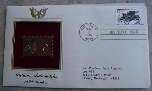 1899 Winton Car 22 KT Gold Commemorative Stamp FDC
