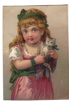 1885 Victorian Trade Card Girl with Cat