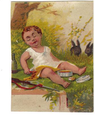 1880s Victorian Trade Card - Baby Sleeping Button's Raven Gloss