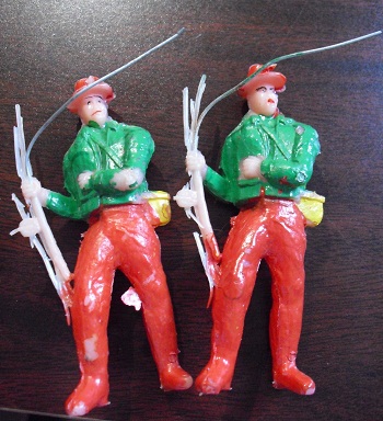 Lot of 2 Odd Vintage Plastic Fisherman Figurines