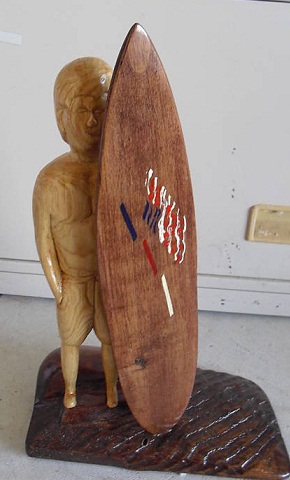 Hand Carved & Signed Hawaii Surfer Wood Statue