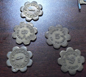 Lot of 5 Vintage Brass Tokens - Thieman's Cafe