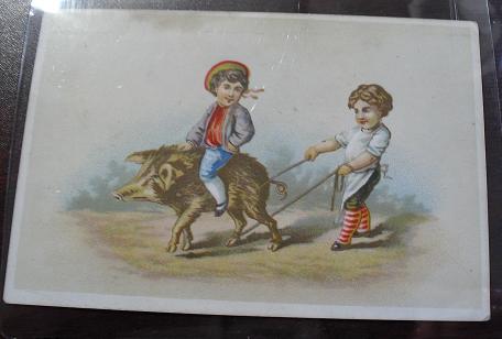 Victorian Trade Card Two Children with Hog