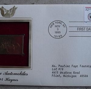 1894 Haynes Car 22 KT Gold Commemorative Stamp FDC