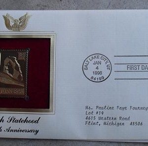 Utah Statehood 22 KT Gold Commemorative Stamp FDC