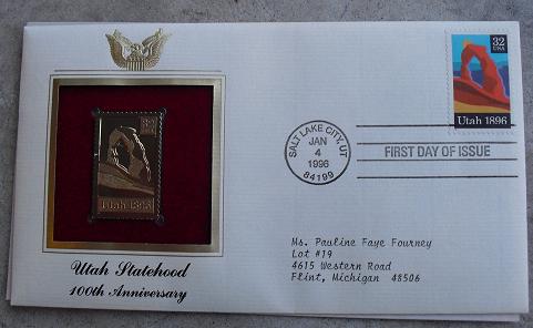 Utah Statehood 22 KT Gold Commemorative Stamp FDC « whybidmore.com