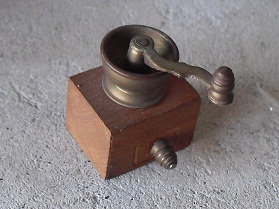 Vintage Miniature Wood and Brass Coffee Grinder Figurine