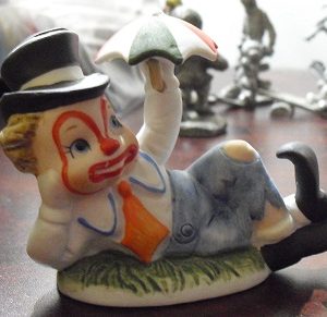 Vintage Bisque Lefton Clown with Umbrella Figurine