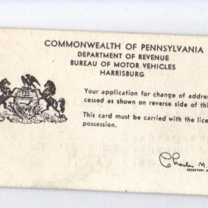 Vintage Pennsylvania Vehicle Registration Card