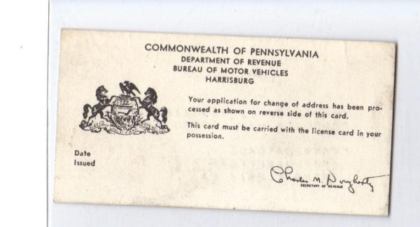 Vintage Pennsylvania Vehicle Registration Card