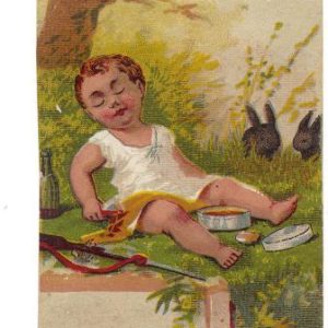1880s Victorian Trade Card - Baby Sleeping Button's Raven Gloss