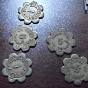 Lot of 5 Vintage Brass Tokens - Thieman's Cafe