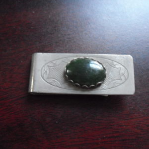 Vintage Silver Tone Metal with Jade Stone Money Clip