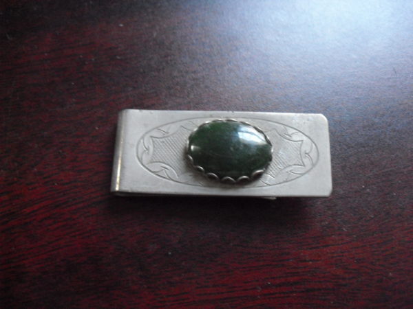 Vintage Silver Tone Metal with Jade Stone Money Clip